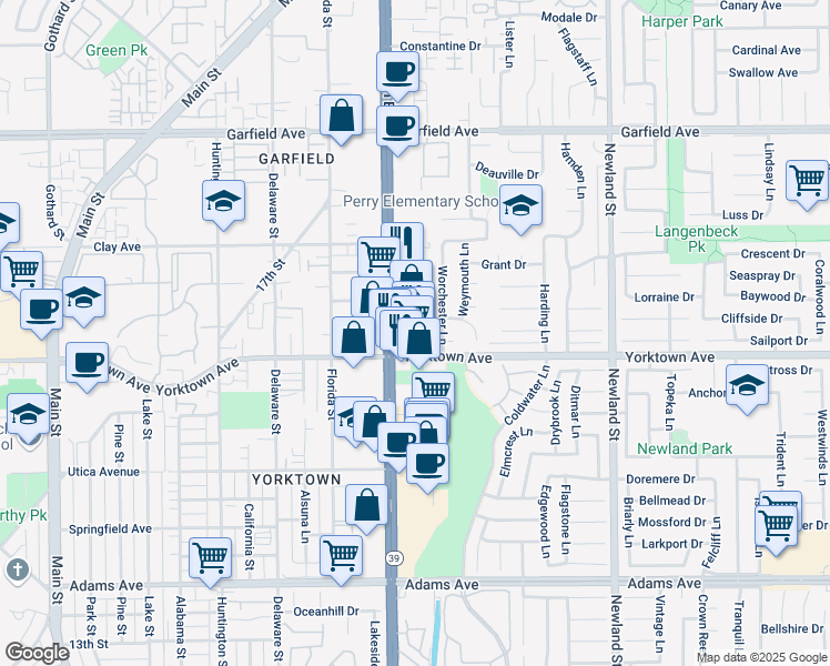 map of restaurants, bars, coffee shops, grocery stores, and more near 8081 Yorktown Avenue in Huntington Beach