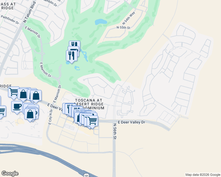map of restaurants, bars, coffee shops, grocery stores, and more near 21320 North 56th Street in Phoenix