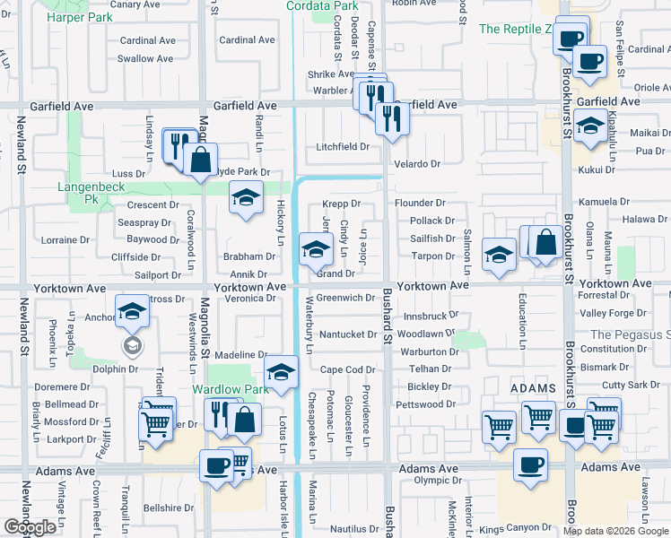 map of restaurants, bars, coffee shops, grocery stores, and more near 9341 Grand Drive in Huntington Beach