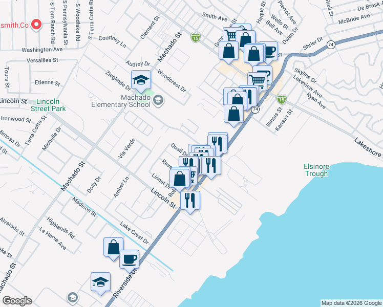 map of restaurants, bars, coffee shops, grocery stores, and more near 585 Quail Drive in Lake Elsinore