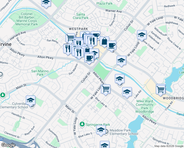 map of restaurants, bars, coffee shops, grocery stores, and more near 7 Woodleaf in Irvine