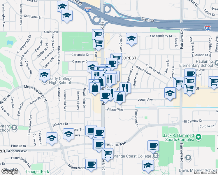 map of restaurants, bars, coffee shops, grocery stores, and more near 1460 Baker Street in Costa Mesa