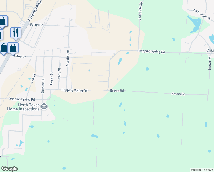 map of restaurants, bars, coffee shops, grocery stores, and more near 609 Brown Road in Sherman