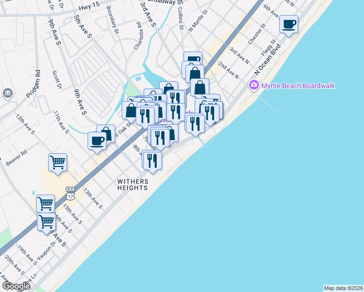 map of restaurants, bars, coffee shops, grocery stores, and more near 507 South Ocean Boulevard in Myrtle Beach