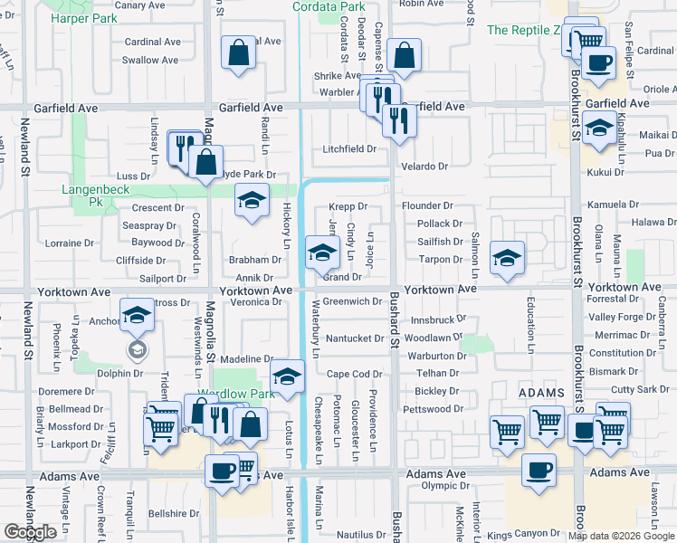 map of restaurants, bars, coffee shops, grocery stores, and more near 9331 Grand Drive in Huntington Beach