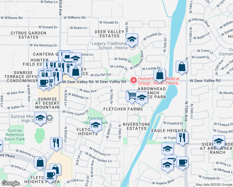 map of restaurants, bars, coffee shops, grocery stores, and more near 21576 North Geraldine Drive in Peoria
