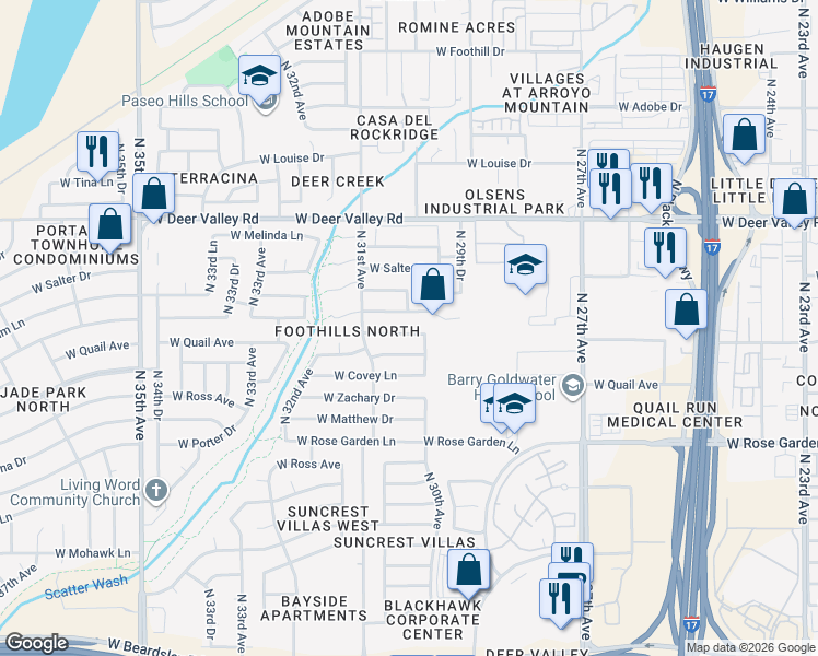 map of restaurants, bars, coffee shops, grocery stores, and more near 3018 West Horsham Drive in Phoenix