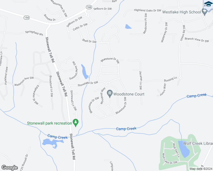 map of restaurants, bars, coffee shops, grocery stores, and more near Woodmill Way Southwest in Atlanta