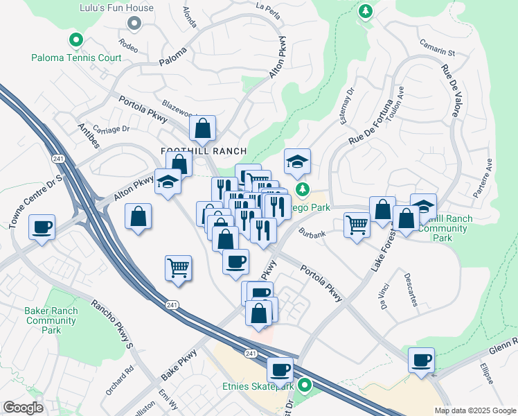 map of restaurants, bars, coffee shops, grocery stores, and more near 26801 Portola Parkway in Lake Forest