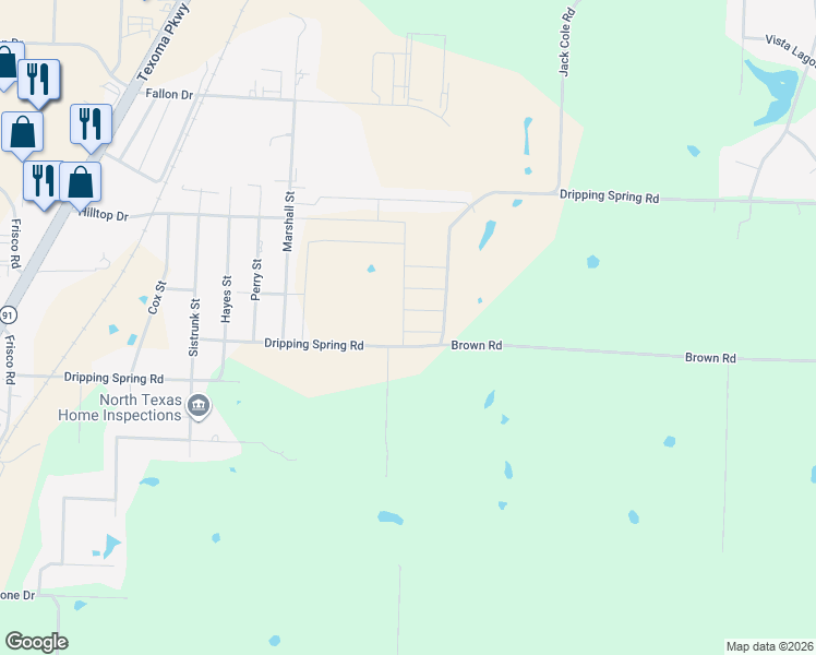 map of restaurants, bars, coffee shops, grocery stores, and more near 3590 Dripping Springs Road in Sherman