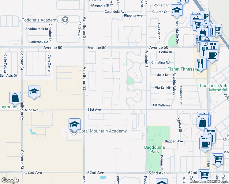 map of restaurants, bars, coffee shops, grocery stores, and more near 50656 Calle Cervantes in Coachella