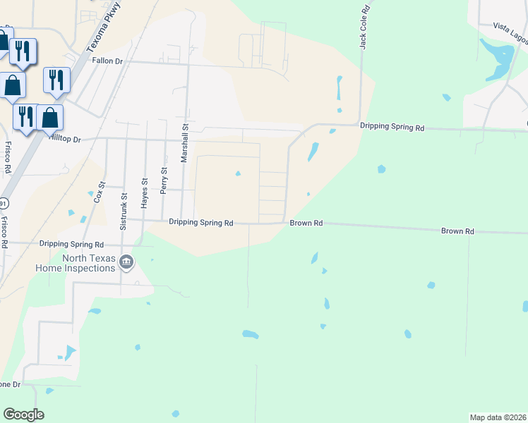 map of restaurants, bars, coffee shops, grocery stores, and more near 3590 Dripping Springs Road in Sherman