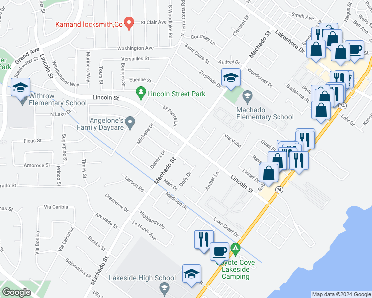 map of restaurants, bars, coffee shops, grocery stores, and more near 32150 Machado Street in Lake Elsinore