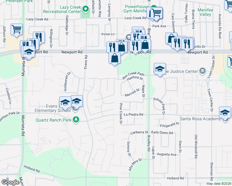 map of restaurants, bars, coffee shops, grocery stores, and more near 30302 Coralium Way in Menifee