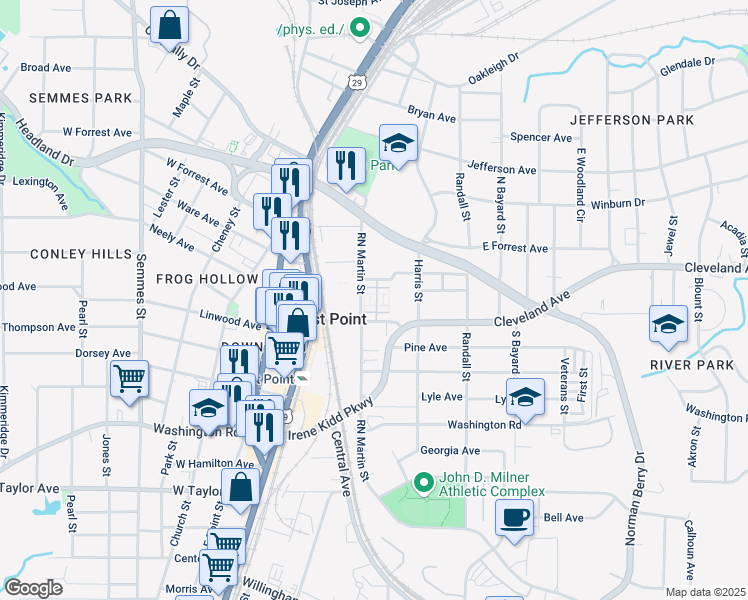 map of restaurants, bars, coffee shops, grocery stores, and more near 2718 RN Martin Street in East Point