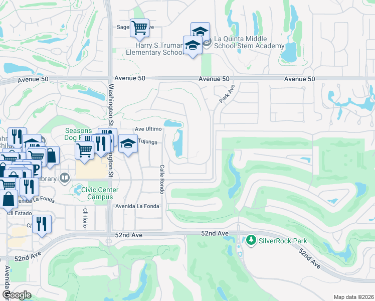 map of restaurants, bars, coffee shops, grocery stores, and more near 50623 Spyglass Hill Drive in La Quinta