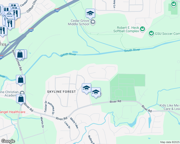 map of restaurants, bars, coffee shops, grocery stores, and more near 3689 Deer Springs Tr in Ellenwood