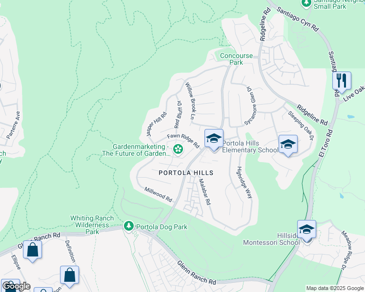 map of restaurants, bars, coffee shops, grocery stores, and more near 28456 Yosemite Drive in Trabuco Canyon