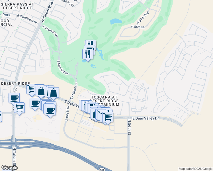 map of restaurants, bars, coffee shops, grocery stores, and more near 21320 56th Street in Phoenix