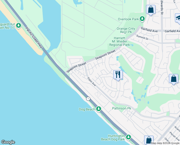 map of restaurants, bars, coffee shops, grocery stores, and more near 19372 Maidstone Lane in Huntington Beach