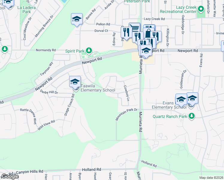 map of restaurants, bars, coffee shops, grocery stores, and more near 25783 Roundup Circle in Menifee
