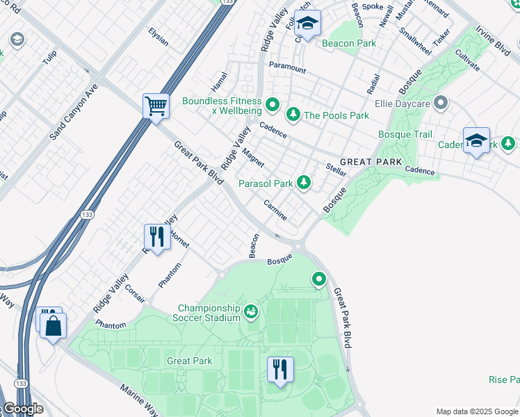 map of restaurants, bars, coffee shops, grocery stores, and more near 153 Great Park Boulevard in Irvine