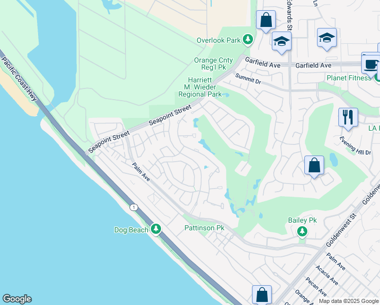 map of restaurants, bars, coffee shops, grocery stores, and more near 19371 Woodlands Drive in Huntington Beach
