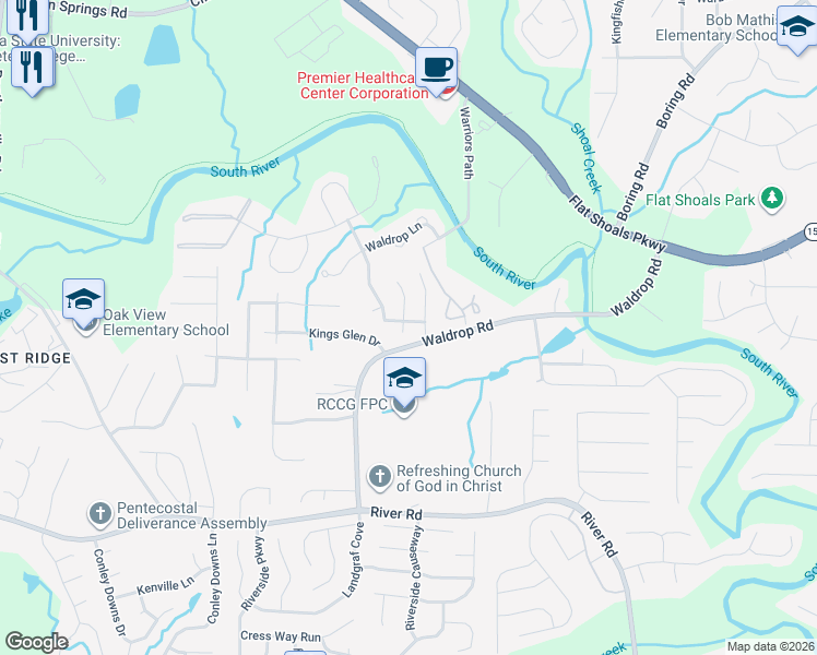 map of restaurants, bars, coffee shops, grocery stores, and more near 3490 Kingswood Trail in Decatur