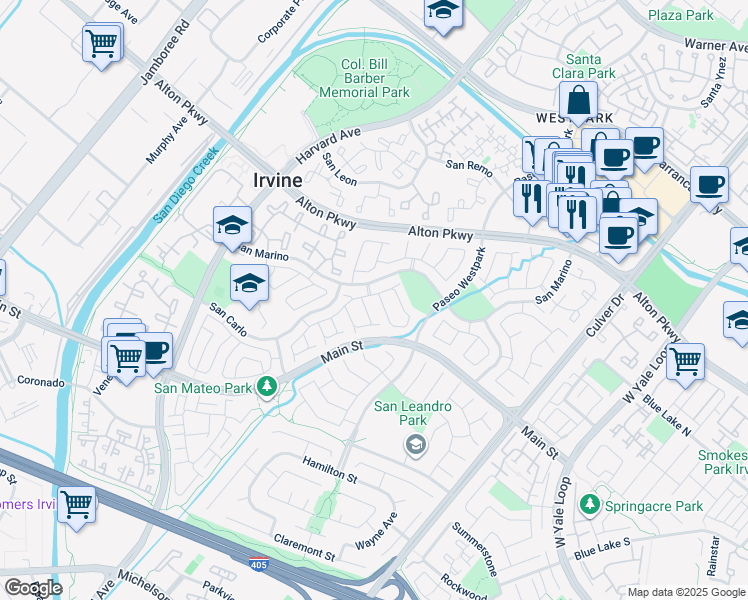 map of restaurants, bars, coffee shops, grocery stores, and more near 1 Almeria in Irvine