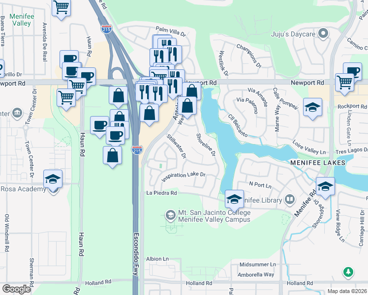 map of restaurants, bars, coffee shops, grocery stores, and more near 28190 Stillwater Drive in Menifee