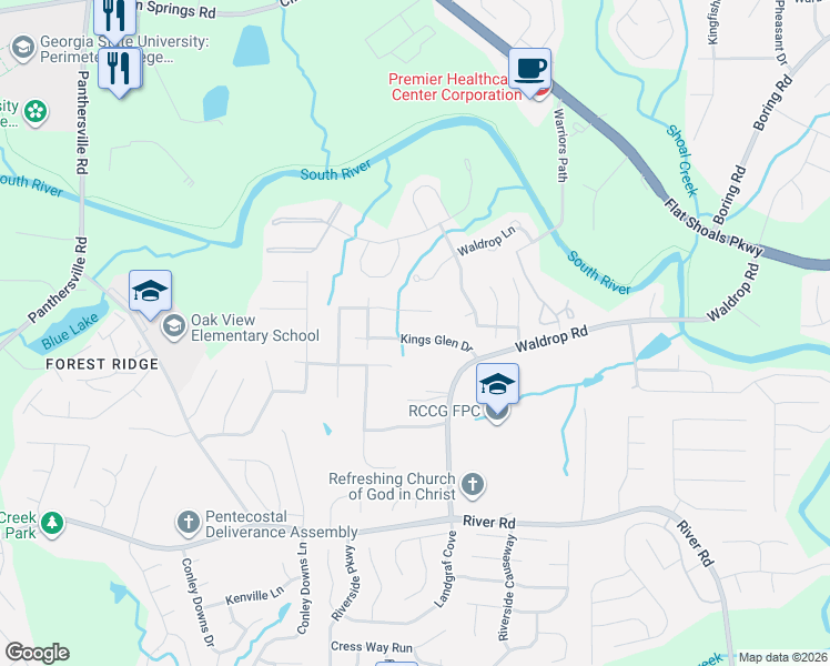 map of restaurants, bars, coffee shops, grocery stores, and more near 3162 Kings Glen Trail in Decatur
