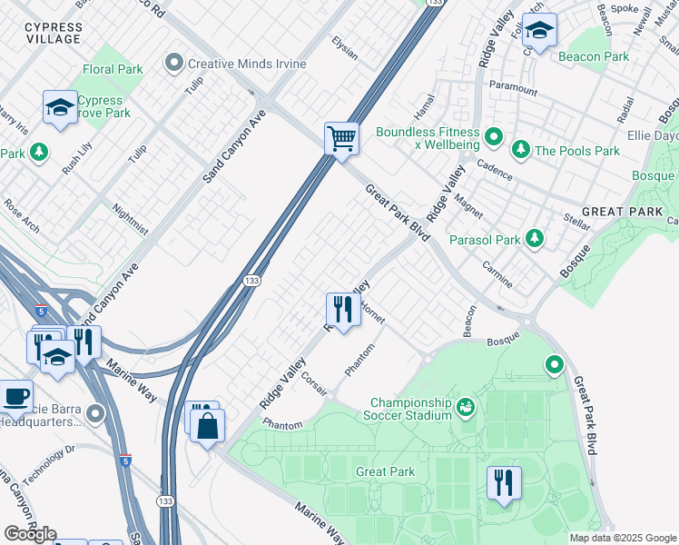 map of restaurants, bars, coffee shops, grocery stores, and more near 135 Briarberry in Irvine