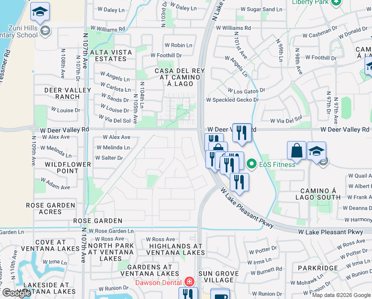 map of restaurants, bars, coffee shops, grocery stores, and more near 10263-10349 W Deer Valley Rd in Peoria