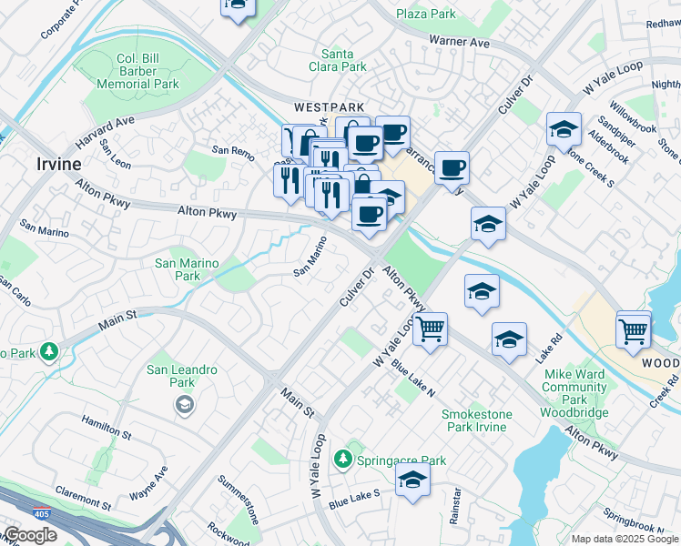 map of restaurants, bars, coffee shops, grocery stores, and more near Adagio in Irvine