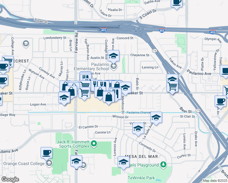 map of restaurants, bars, coffee shops, grocery stores, and more near 3017 Fillmore Way in Costa Mesa