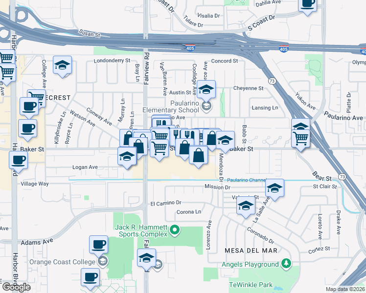map of restaurants, bars, coffee shops, grocery stores, and more near 3012 Cleveland Avenue in Costa Mesa
