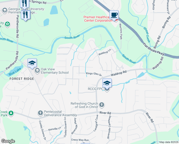 map of restaurants, bars, coffee shops, grocery stores, and more near 3162 Kings Glen Trail in Decatur