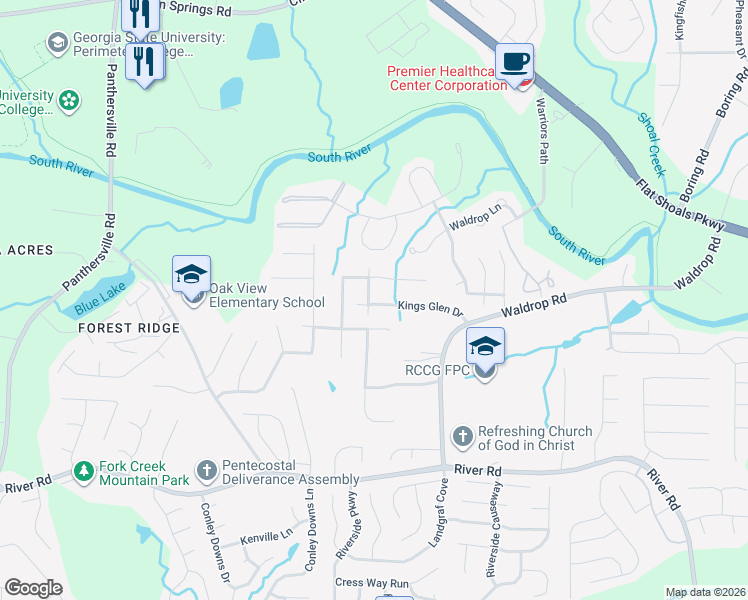 map of restaurants, bars, coffee shops, grocery stores, and more near 3135 Kings Glen Trail in Decatur