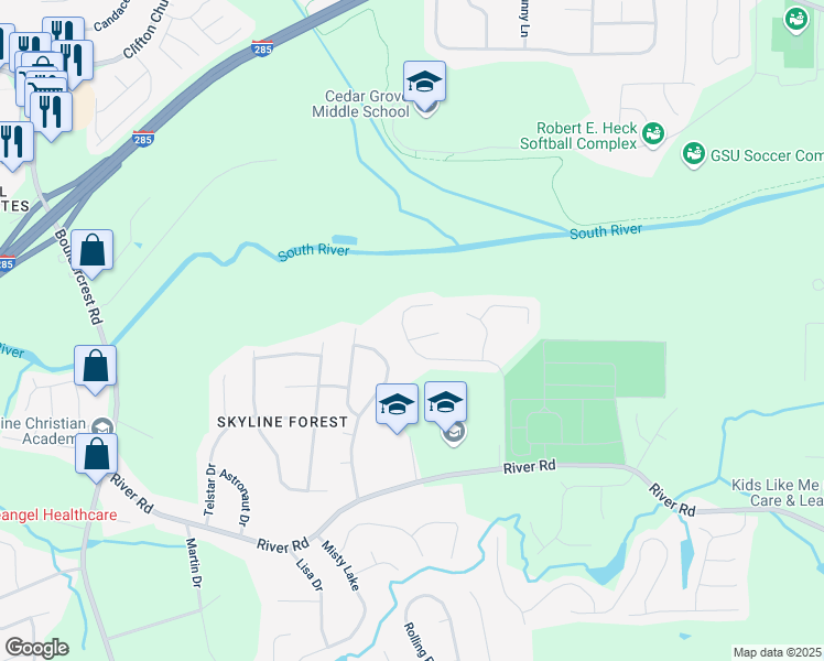 map of restaurants, bars, coffee shops, grocery stores, and more near 3689 Deer Springs Tr in Ellenwood