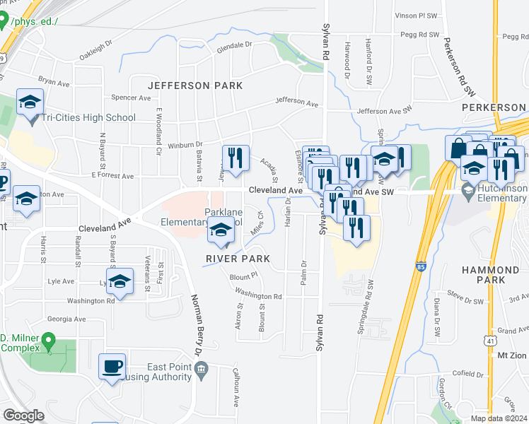 map of restaurants, bars, coffee shops, grocery stores, and more near 988 Cleveland Avenue in East Point