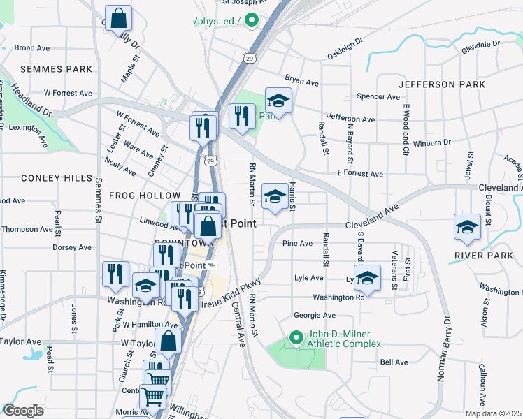 map of restaurants, bars, coffee shops, grocery stores, and more near 2718 RN Martin Street in East Point