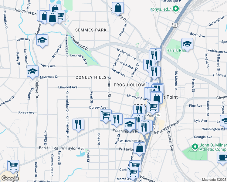 map of restaurants, bars, coffee shops, grocery stores, and more near 2734 Semmes Street in East Point