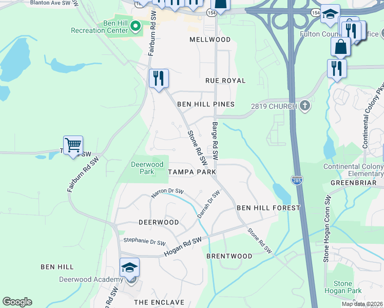 map of restaurants, bars, coffee shops, grocery stores, and more near 3686 Stone Road Southwest in Atlanta