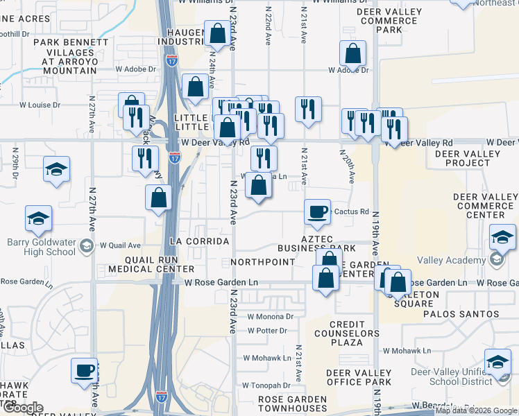map of restaurants, bars, coffee shops, grocery stores, and more near 2202 West Lone Cactus Drive in Phoenix