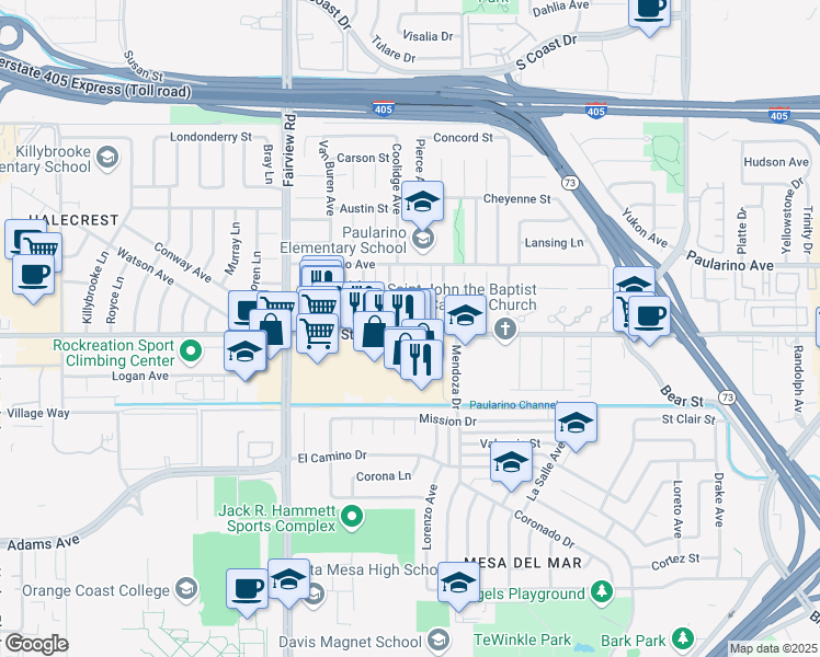map of restaurants, bars, coffee shops, grocery stores, and more near 3001 Fillmore Way in Costa Mesa