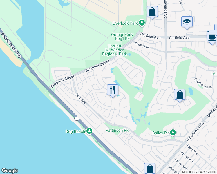 map of restaurants, bars, coffee shops, grocery stores, and more near 19371 Woodlands Drive in Huntington Beach