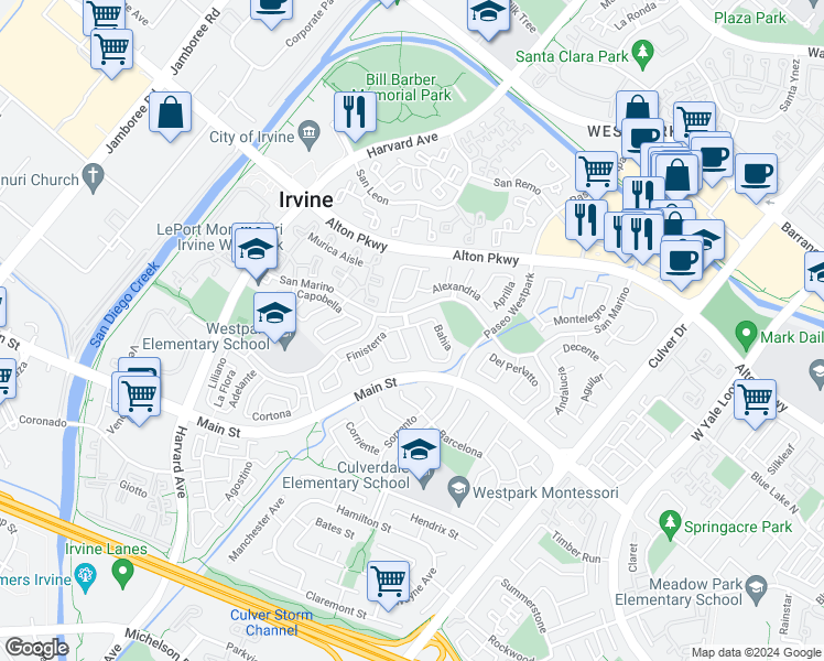 map of restaurants, bars, coffee shops, grocery stores, and more near 1 Almeria in Irvine