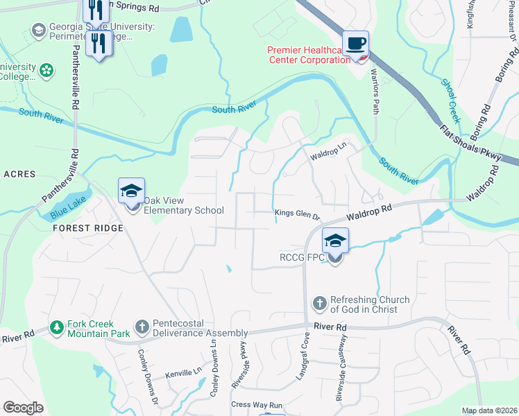 map of restaurants, bars, coffee shops, grocery stores, and more near 3135 Kings Glen Trail in Decatur