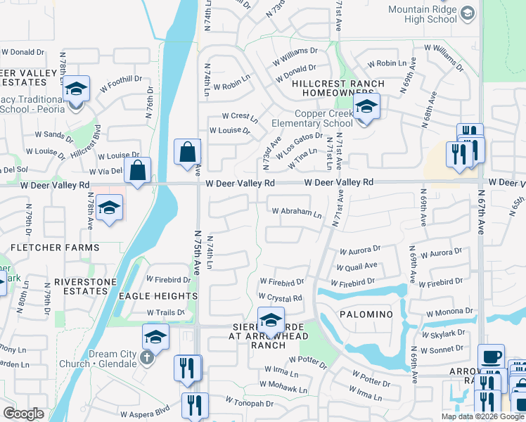 map of restaurants, bars, coffee shops, grocery stores, and more near 21704 North 73rd Avenue in Glendale