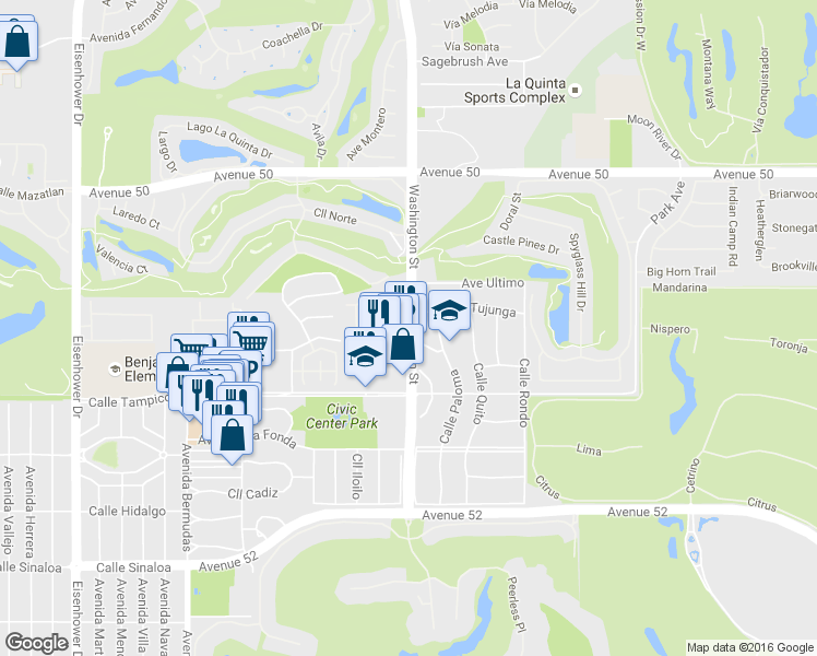 map of restaurants, bars, coffee shops, grocery stores, and more near 78500 Avenue Tujunga in La Quinta